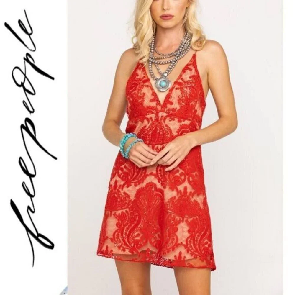 Free People Night Shimmers Red Lace Sequin Mini Dress Size 2 Glamorous Chic